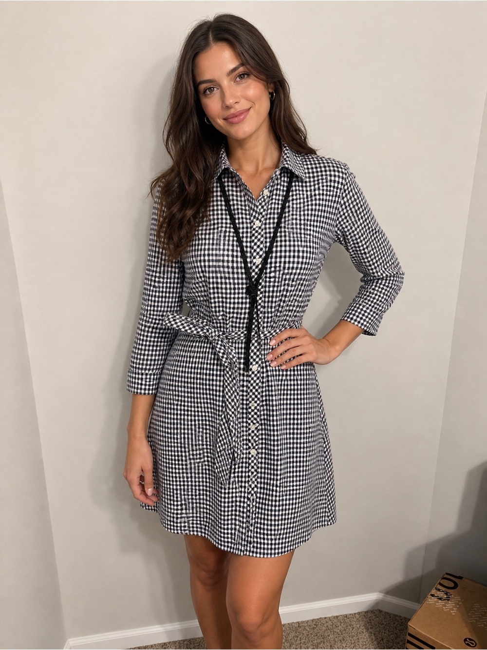 Tommy Hilfiger Black and White Gingham Midi Shirt Dress